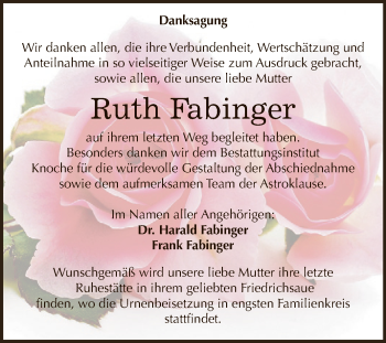 Traueranzeige von Ruth Fabinger von Super Sonntag Aschersleben