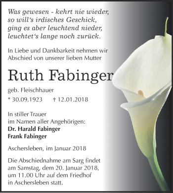 Traueranzeige von Ruth Fabinger von Super Sonntag Aschersleben