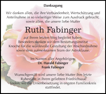 Traueranzeige von Ruth Fabinger von Mitteldeutsche Zeitung Aschersleben
