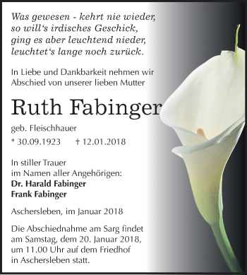 Traueranzeige von Ruth Fabinger von Mitteldeutsche Zeitung Aschersleben