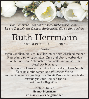 Traueranzeige von Ruth Herrmann von Mitteldeutsche Zeitung Weißenfels