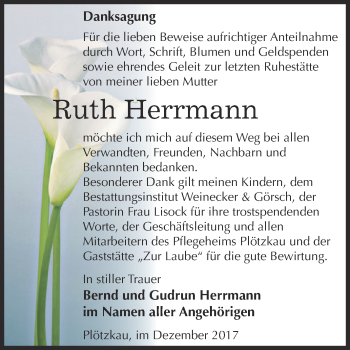 Traueranzeige von Ruth Herrmann von Super Sonntag Bernburg
