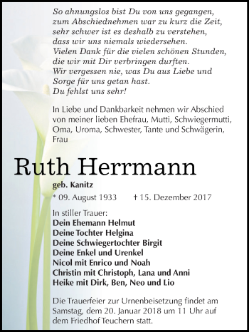 Traueranzeige von Ruth Herrmann von WVG - Wochenspiegel NMB / WSF / ZTZ