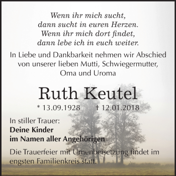 Traueranzeige von Ruth Keutel von Mitteldeutsche Zeitung Bitterfeld
