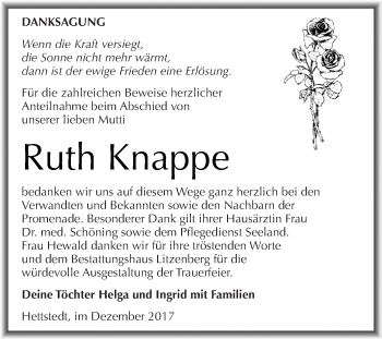 Traueranzeige von Ruth Knappe von Wochenspiegel Mansfelder Land