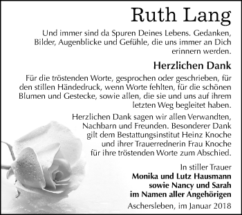 Traueranzeige von Ruth Lang von Mitteldeutsche Zeitung Aschersleben