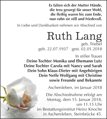 Traueranzeige von Ruth Lang von Super Sonntag Aschersleben