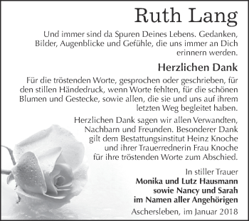 Traueranzeige von Ruth Lang von Super Sonntag Aschersleben