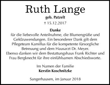 Traueranzeige von Ruth Lange von Mitteldeutsche Zeitung Sangerhausen