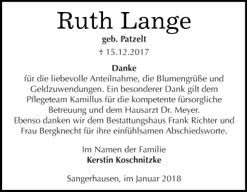 Traueranzeige von Ruth Lange von WVG - Wochenspiegel SGH