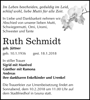 Traueranzeige von Ruth Schmidt von Mitteldeutsche Zeitung Merseburg/Querfurt