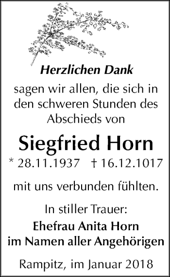 Traueranzeige von Siegfried Horn von Mitteldeutsche Zeitung Merseburg/Querfurt