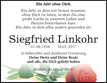 Traueranzeige von Siegfried Linkohr von WVG - Wochenspiegel Dessau / Köthen