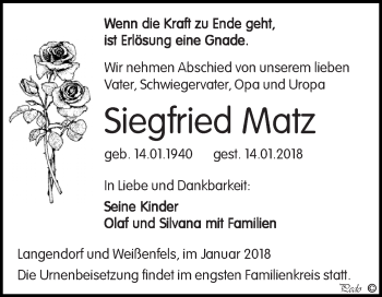 Traueranzeige von Siegfried Matz von WVG - Wochenspiegel NMB / WSF / ZTZ