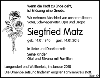 Traueranzeige von Siegfried Matz von Mitteldeutsche Zeitung Weißenfels
