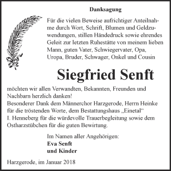 Traueranzeige von Siegfried Senft von Super Sonntag Quedlinburg