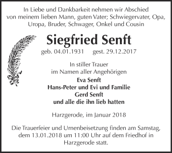 Traueranzeige von Siegfried Senft von Super Sonntag Quedlinburg