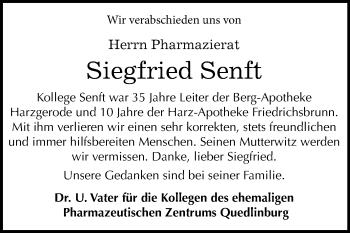 Traueranzeige von Siegfried Senft von Mitteldeutsche Zeitung Quedlinburg