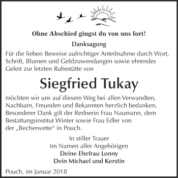 Traueranzeige von Siegfried Tukay von WVG - Wochenspiegel Bitterfeld