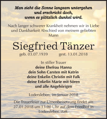 Traueranzeige von Siegfried Tänzer von WVG - Wochenspiegel Merseburg