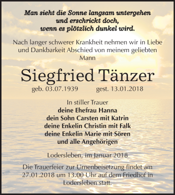Traueranzeige von Siegfried Tänzer von Mitteldeutsche Zeitung Merseburg/Querfurt