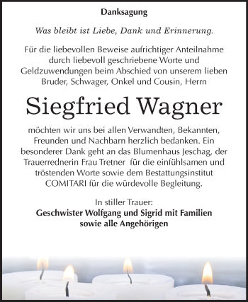 Traueranzeige von Siegfried Wagner von Mitteldeutsche Zeitung Weißenfels