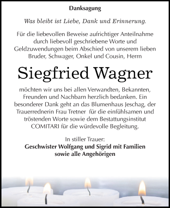 Traueranzeige von Siegfried Wagner von WVG - Wochenspiegel NMB / WSF / ZTZ