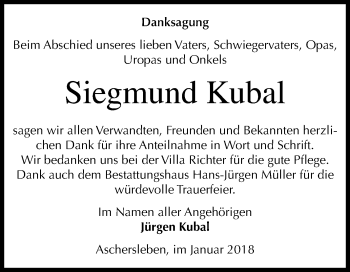 Traueranzeige von Siegmund Kubal von Mitteldeutsche Zeitung Aschersleben