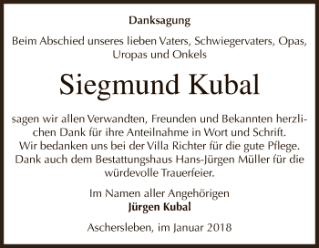Traueranzeige von Siegmund Kubal von Super Sonntag Aschersleben