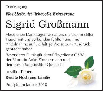 Traueranzeige von Sigrid Großmann von Mitteldeutsche Zeitung Köthen