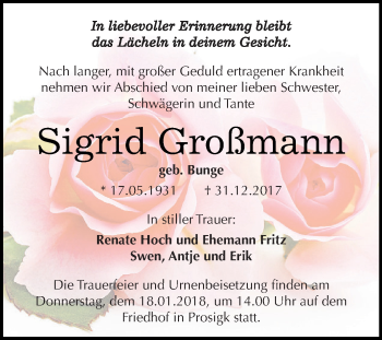 Traueranzeige von Sigrid Großmann von WVG - Wochenspiegel Dessau / Köthen