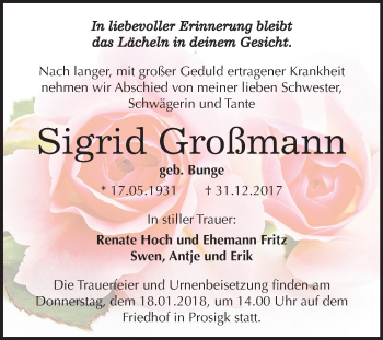 Traueranzeige von Sigrid Großmann von Mitteldeutsche Zeitung Köthen