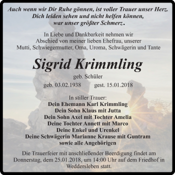 Traueranzeige von Sigrid Krimmling von Mitteldeutsche Zeitung Quedlinburg