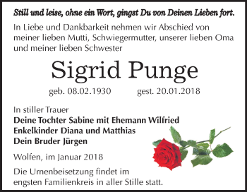 Traueranzeige von Sigrid Punge von Mitteldeutsche Zeitung Bitterfeld