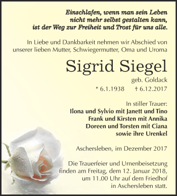 Traueranzeige von Sigrid Siegel von Super Sonntag Aschersleben
