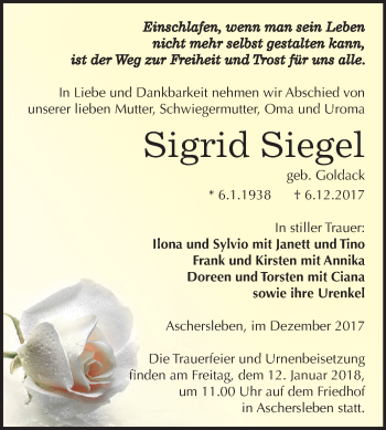 Traueranzeige von Sigrid Siegel von Mitteldeutsche Zeitung Aschersleben