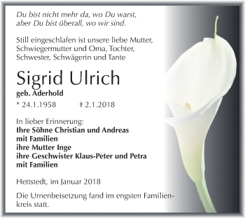 Traueranzeige von Sigrid Ulrich von Super Sonntag SGH Mansf. Land
