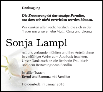 Traueranzeige von Sonja Lampl von Super Sonntag SGH Mansf. Land