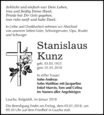 Traueranzeige von Stanislaus Kunz von Mitteldeutsche Zeitung