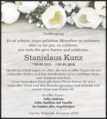 Traueranzeige von Stanislaus Kunz von WVG - Wochenspiegel NMB / WSF / ZTZ