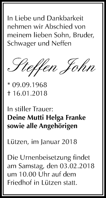 Traueranzeige von Steffen John von Mitteldeutsche Zeitung Weißenfels