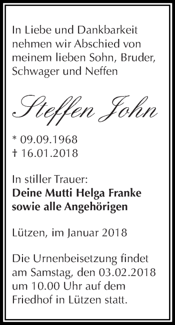 Traueranzeige von Steffen John von Super Sonntag Merseburg