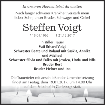 Traueranzeige von Steffen Voigt von Super Sonntag Bernburg
