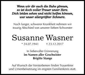 Traueranzeige von Susanne Wasner von Mitteldeutsche Zeitung Bernburg