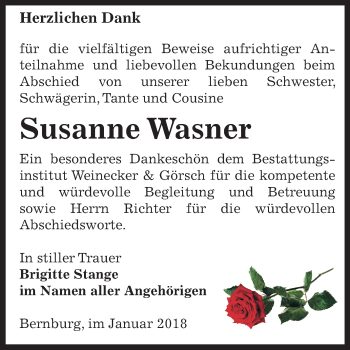 Traueranzeige von Susanne Wasner von Mitteldeutsche Zeitung Bernburg