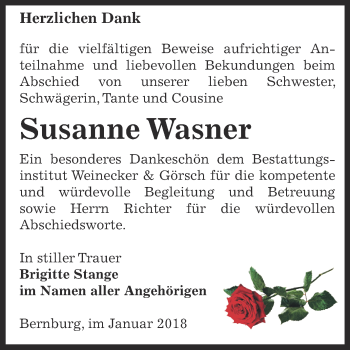 Traueranzeige von Susanne Wasner von Super Sonntag Bernburg