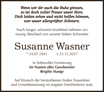 Traueranzeige von Susanne Wasner von Super Sonntag Bernburg