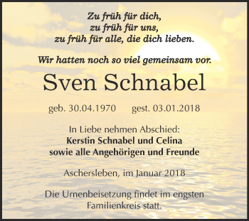 Traueranzeige von Sven Schnabel von Super Sonntag Aschersleben