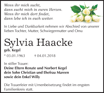 Traueranzeige von Sylvia Haacke von Mitteldeutsche Zeitung Halle/Saalkreis