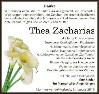 Traueranzeige von Thea Zacharias von Super Sonntag SGH Mansf. Land